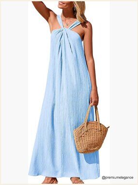 Summer Halter Maxi Dress with Pockets, Flowy A-Line Silhouette, Sleeveless